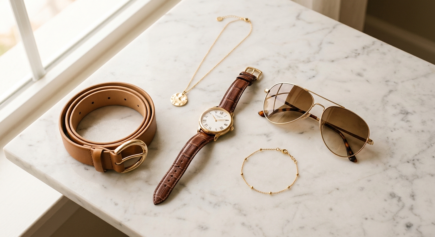 Fashion accessories on marble surface including watch, sunglasses, necklace, belt, and bracelet