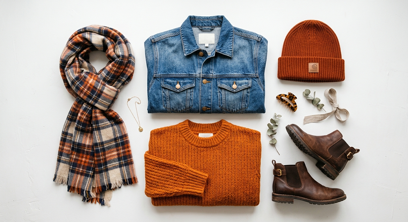 Seasonal fashion trends flat lay with denim jacket, knit sweater, scarf, and boots