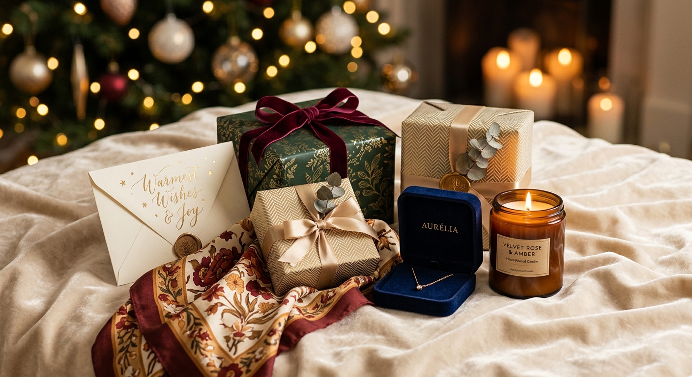 Elegant gift arrangement with wrapped boxes, jewelry box, candle, silk scarf, and greeting card