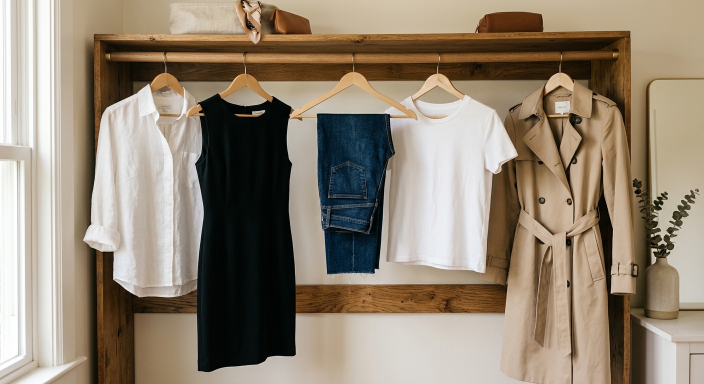 Wardrobe essentials on wooden shelf including white shirt, black dress, jeans, trench coat, and t-shirt